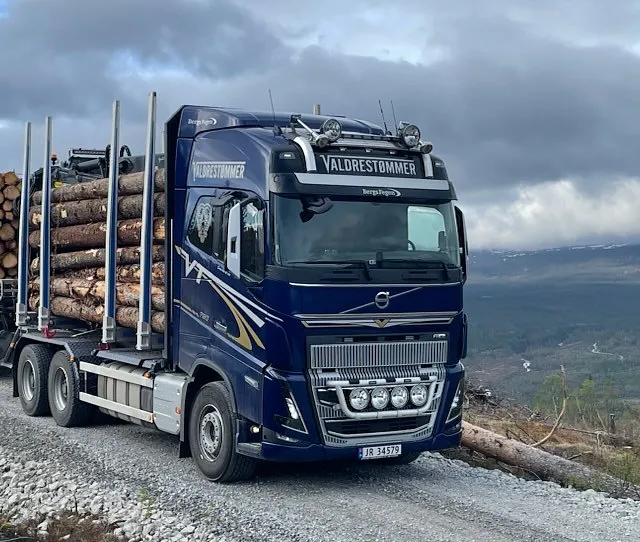 blå Volvo FH16 tømmerbil med påskriften "VALDRESTØMMER" som frakter tømmerstokker på en grusvei i et skogsområde.